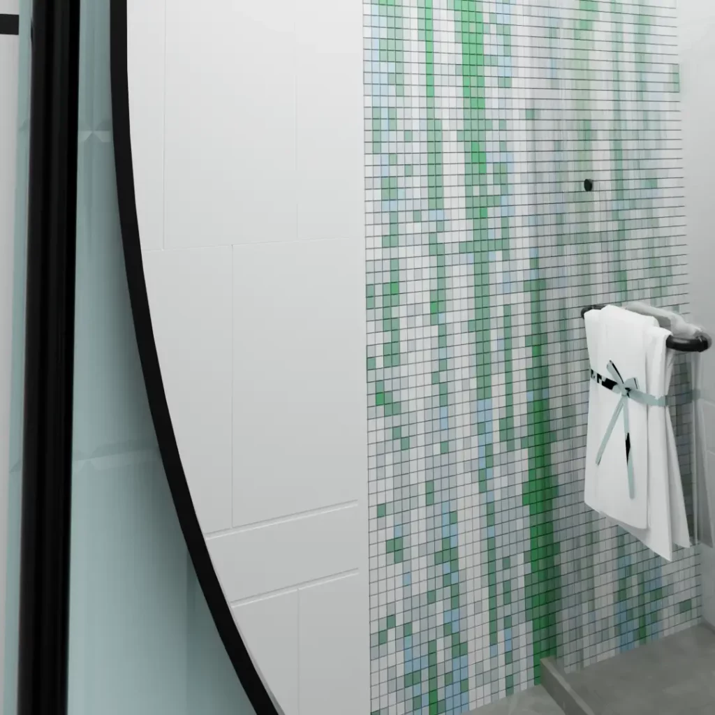 mosaic in mirror of hotel bathroom